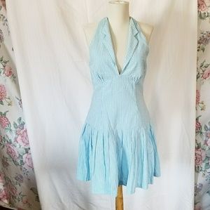 Vintage Blue Seersucker Pleated Halter Dress